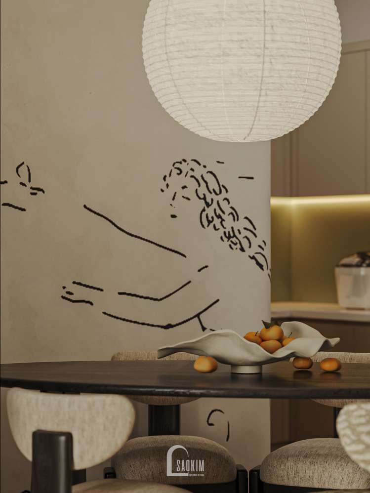 Từ bàn ăn oval, ghế bọc vải đến hệ tủ bếp tối giản, mọi chi tiết trong thiết kế chung cư 2 ngủ The Beverly đều hướng đến một không gian sống nhẹ nhàng và tiện nghi.
